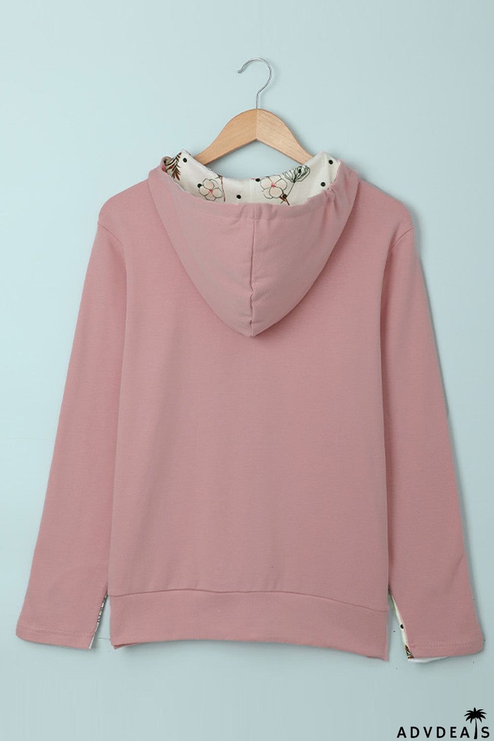 Women's Pink Full Zip Hoodie Coat with Floral Print Hooded Inner