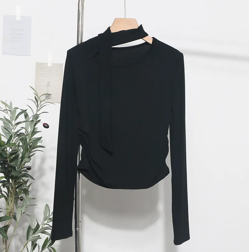 Churchf Ribbon Scarf Hanging Neck Long-Sleeved T-Shirt Girl 2024 Autumn Slim Thin Folded Bottom Shirt 1630