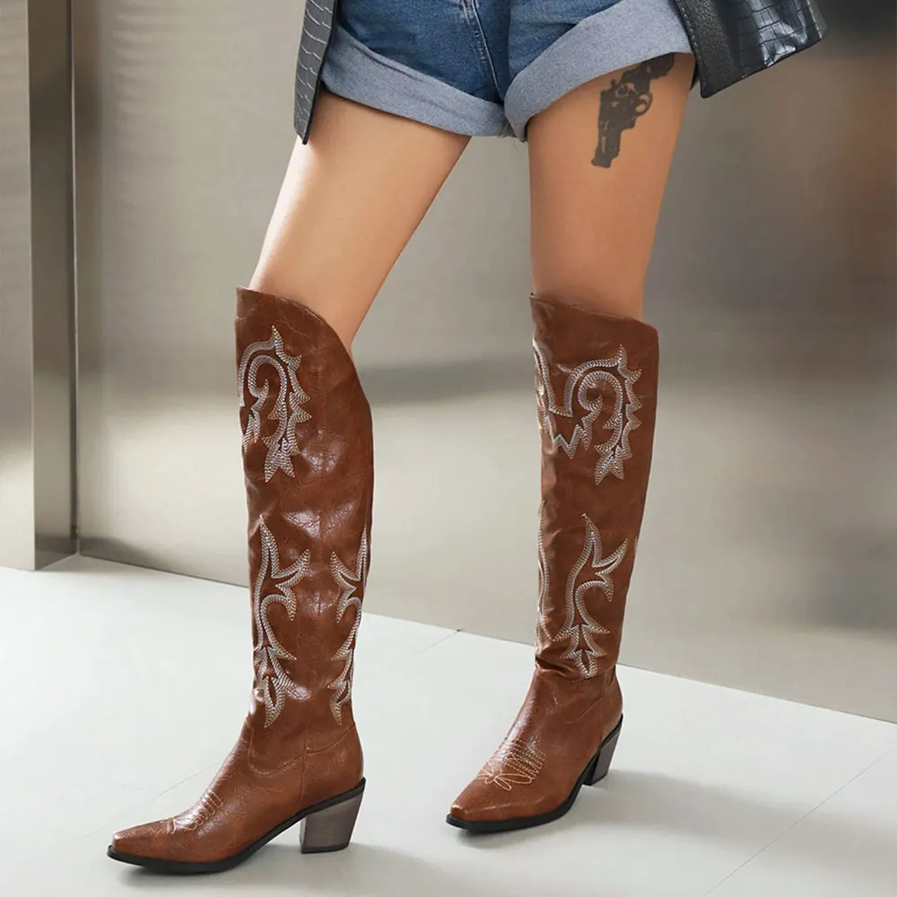 Women's Brown Block Heel Embroidered Knee High Cowgirl Boots