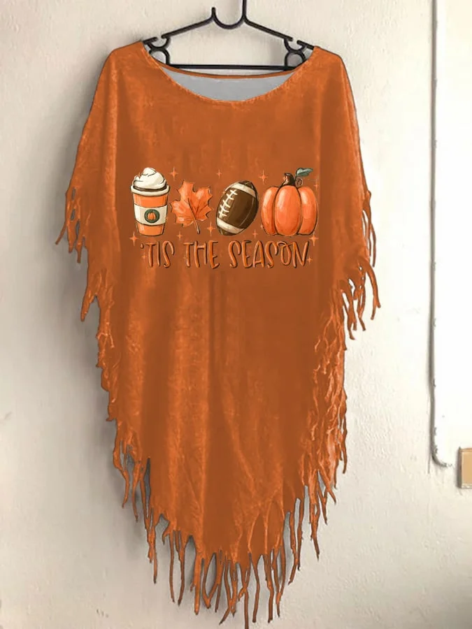 Women's Football Tis The Season Pumpkin Maple Leaf Print Round Neck Top