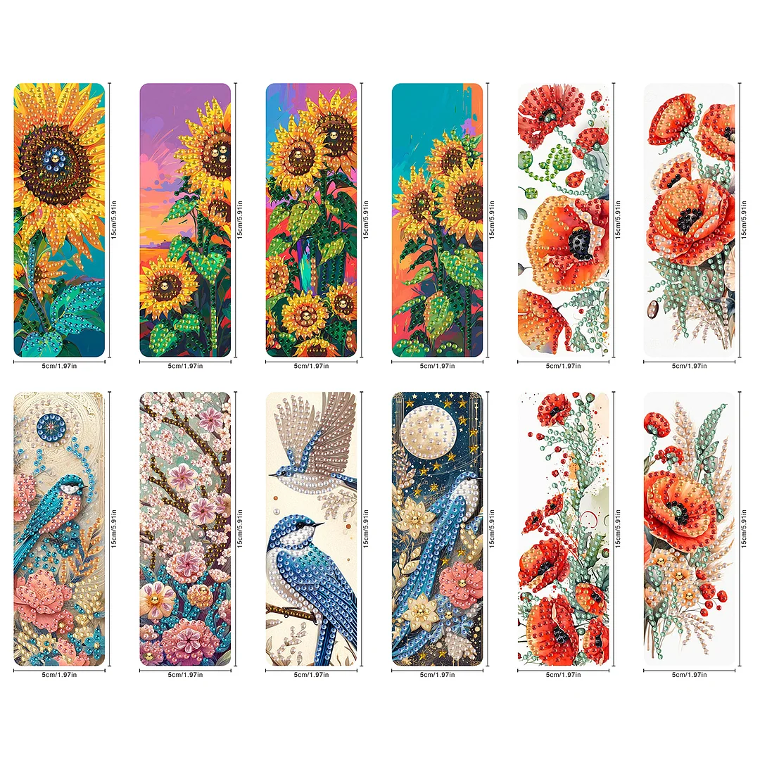 12Pcs Flowers and Birds DIY Diamond Painting Bookmarks for Reading Enthusiasts