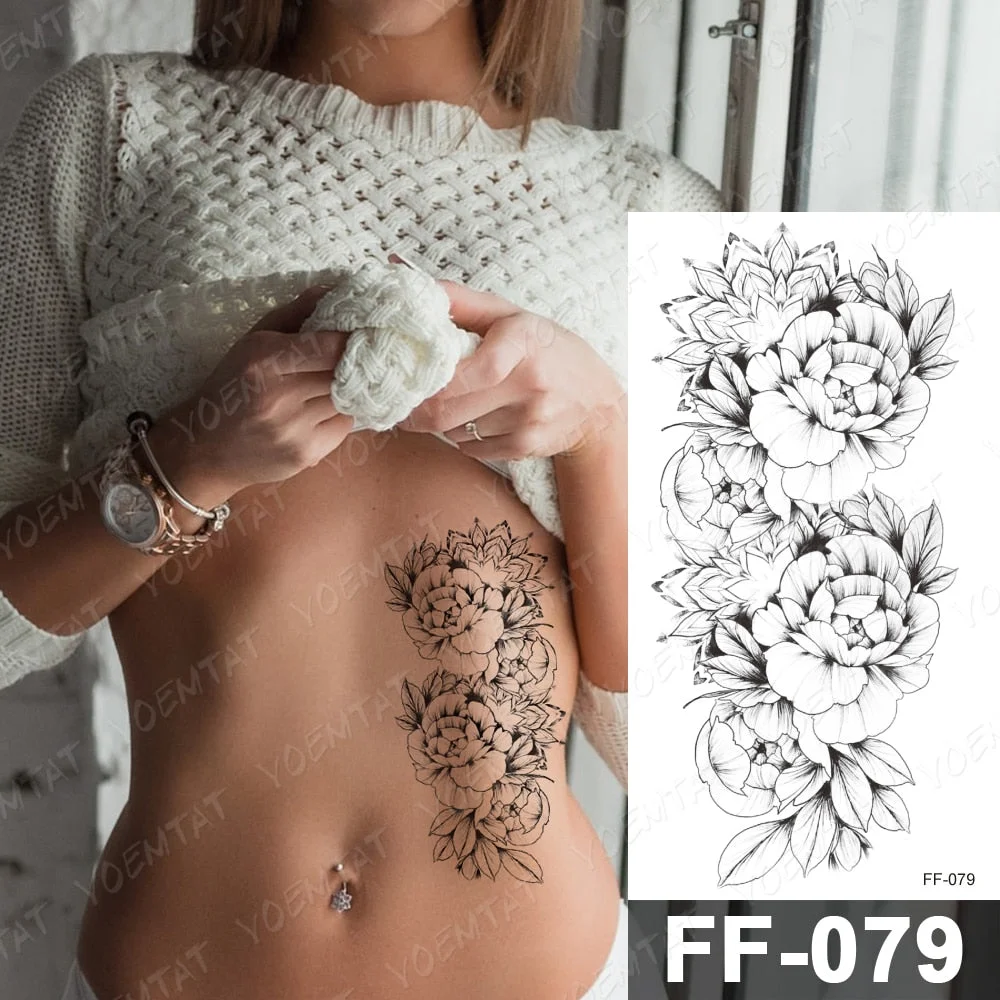 Waterproof Temporary Tattoo Stickers Peony Rose Flower Gun Flash Tattoos Female Black Sketch Body Art Arm Sexy Fake Tatto Male
