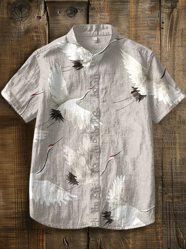 Men's Crane Japanese Art Print Short Sleeve Shirt