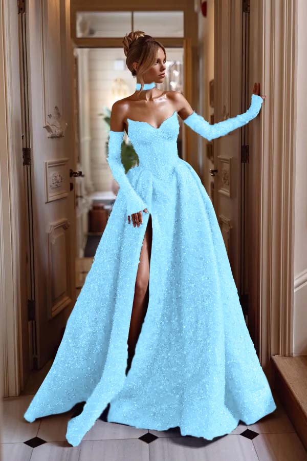 Hidais Strapless Sleeveless Long Split Prom Dress With Sequins Detachable sleeves