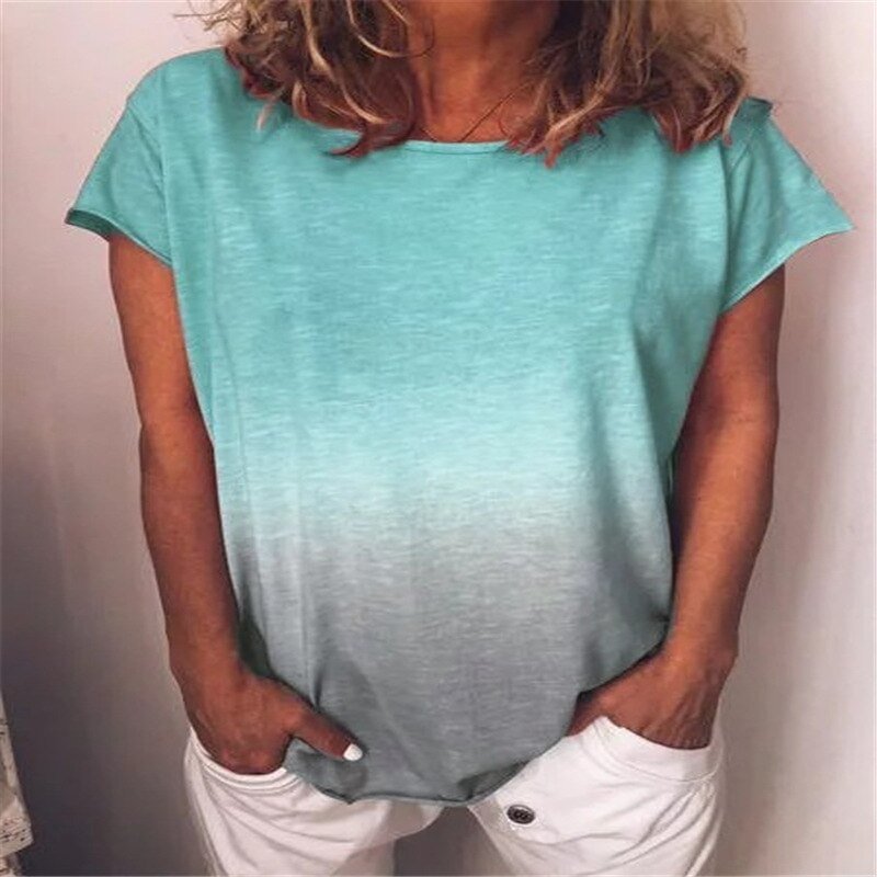 Casual Women Gradient Candy Color Print Tshirt Short Sleeve Summer 2020 New Fashion Tees Plus Size O-Neck Simple Female Tops