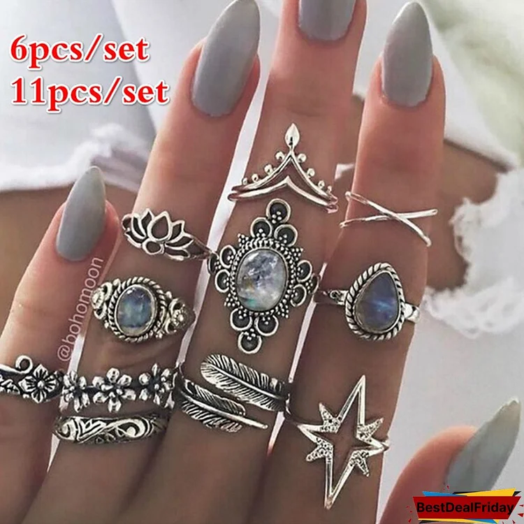 6pcs/11pcs/set Exquisite Luxury Women 925 Sterling Silver Vintage Carved Starry 'gem Ring Fashion Jewelry Accessories Ladies Gift