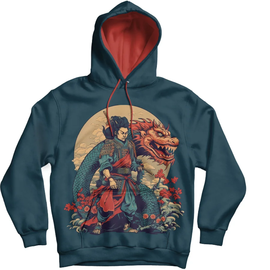 Samurai And Dragons Printed Men's Hoodie