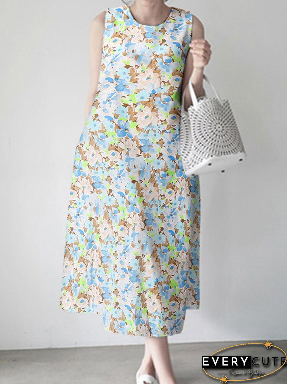Calico Sleeveless Round Neck Print Dress