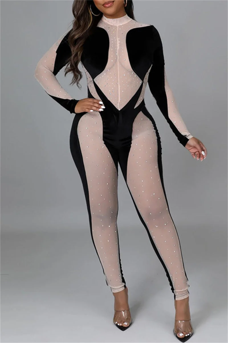 Fashion Sexy Patchwork Hot Drilling See-through Half A Turtleneck Skinny Jumpsuits