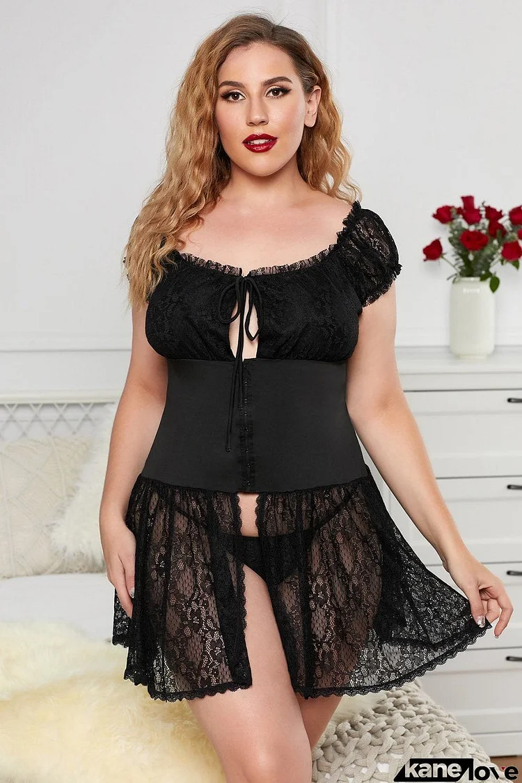 Black Girdle Lace Mesh Frill Trimming Plus Size Chemise