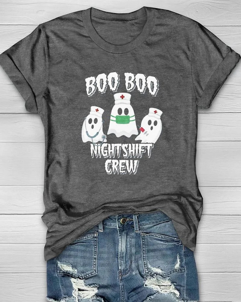 Halloween Nurse Boo Boo Night Shift Crew Print T-Shirt