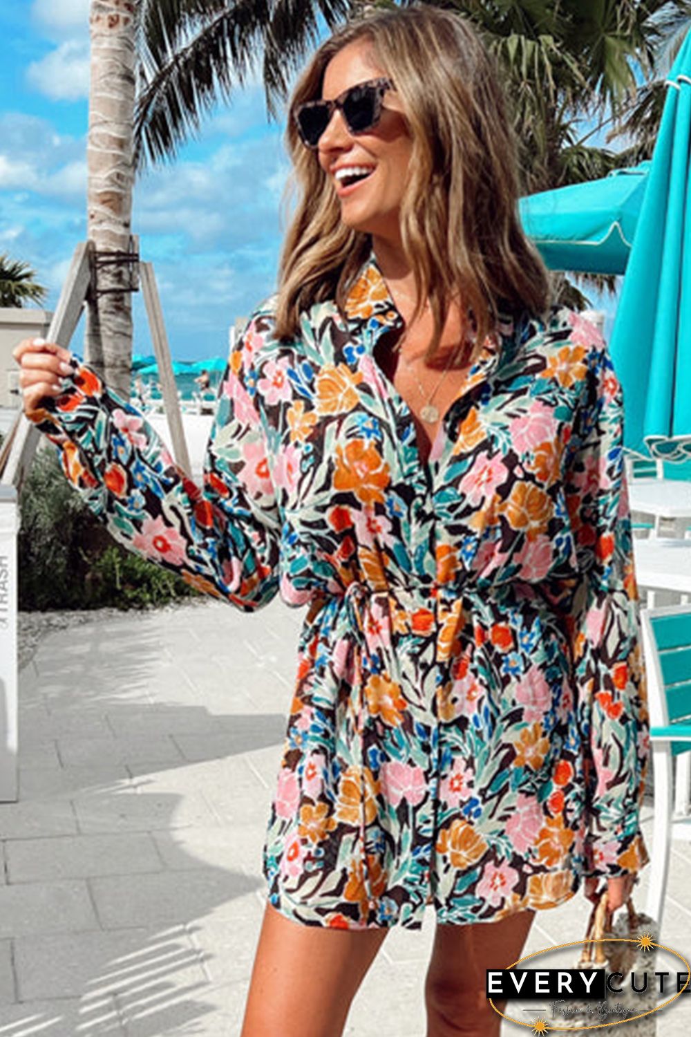 Multicolor Floral Buttoned Collared Long Sleeve Mini Dress