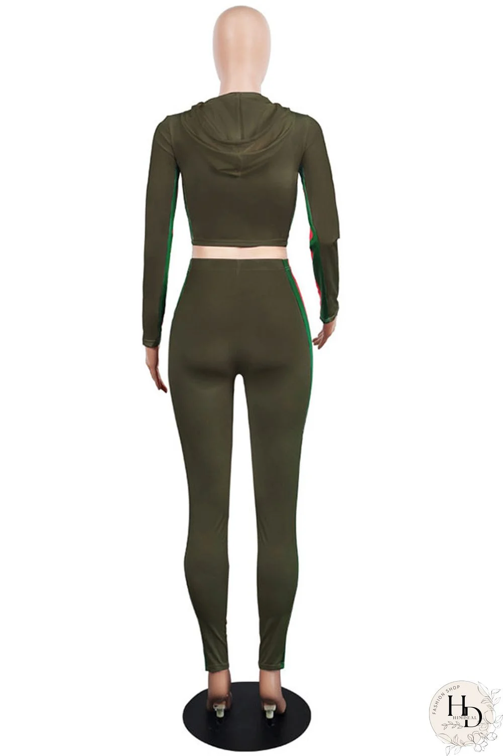 Army Green Long Sleeve Patchwork Pants Two-piece suit