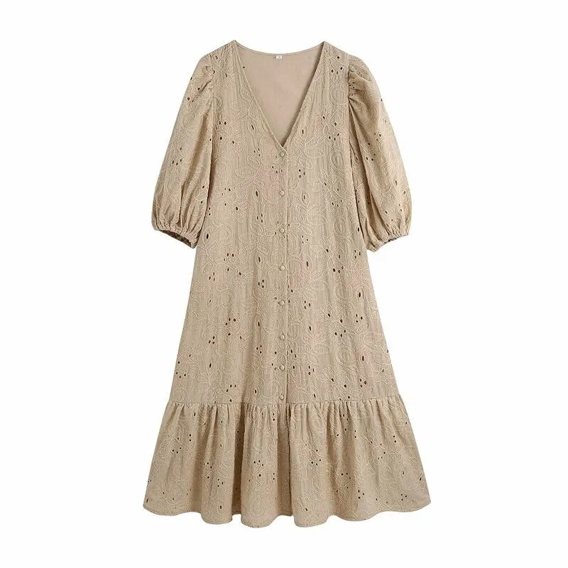 2021 Spring Summer Women White Sexy V-Neck Hollow Party Dress Casual Solid Embroidery Loose Midi Dresses Ladies Vestidos
