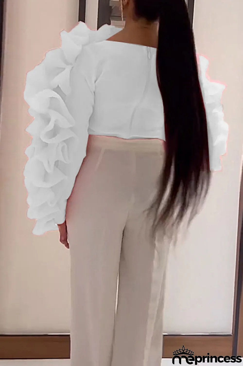 White Elegant Solid Patchwork Appliques O Neck Tops