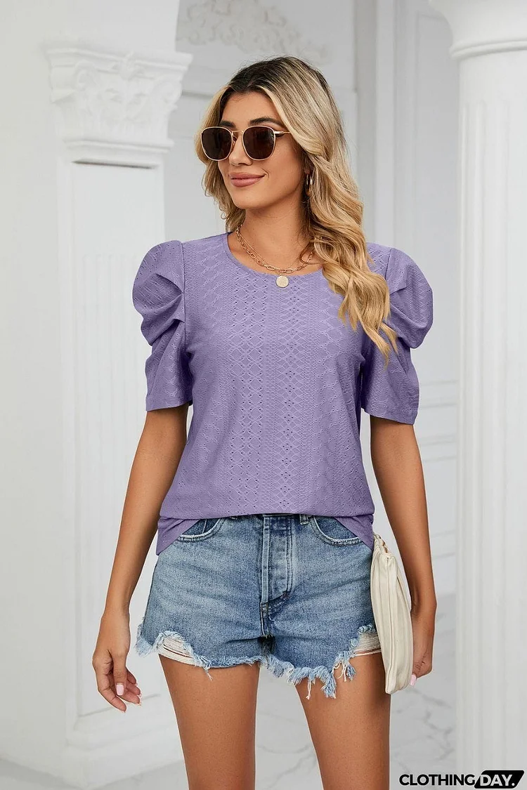 Eyelet Puff Sleeve Round Neck Blouse