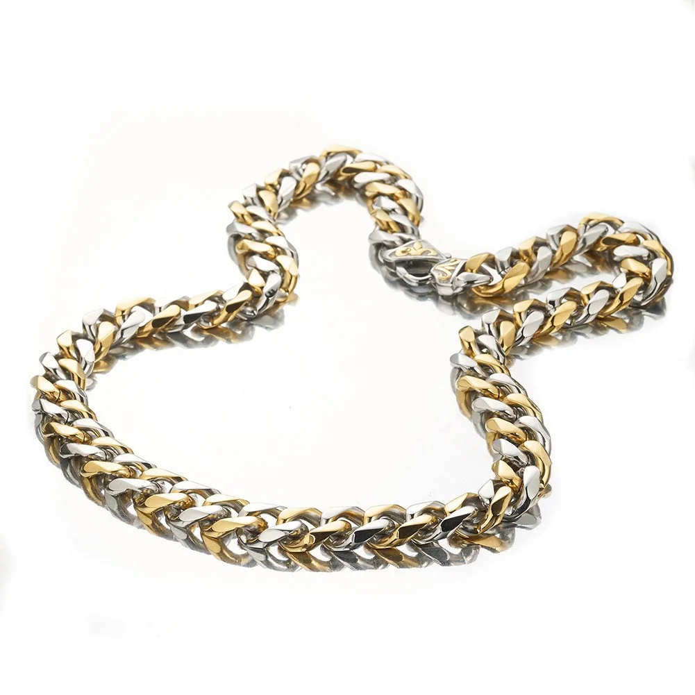 Sliver/Gold Plated Titanium Stainless Steel 15mm Curb Bracelet Necklace Diamond Chains Cuban Link Chain Set For Men