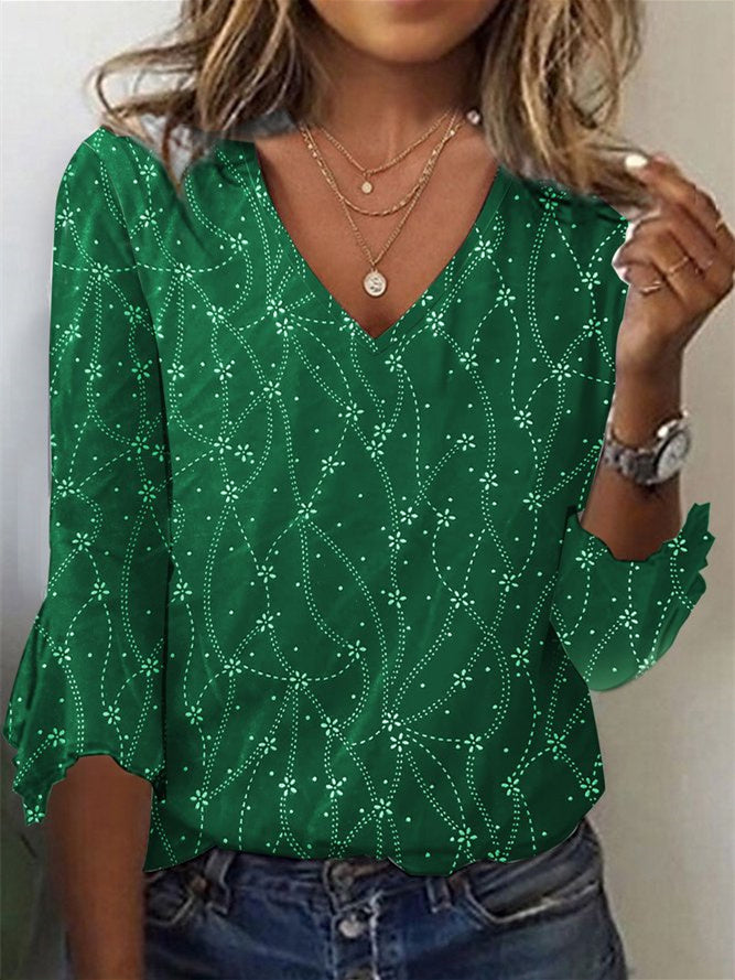 Women Long Sleeve V-neck Graphic Floral Printed Top