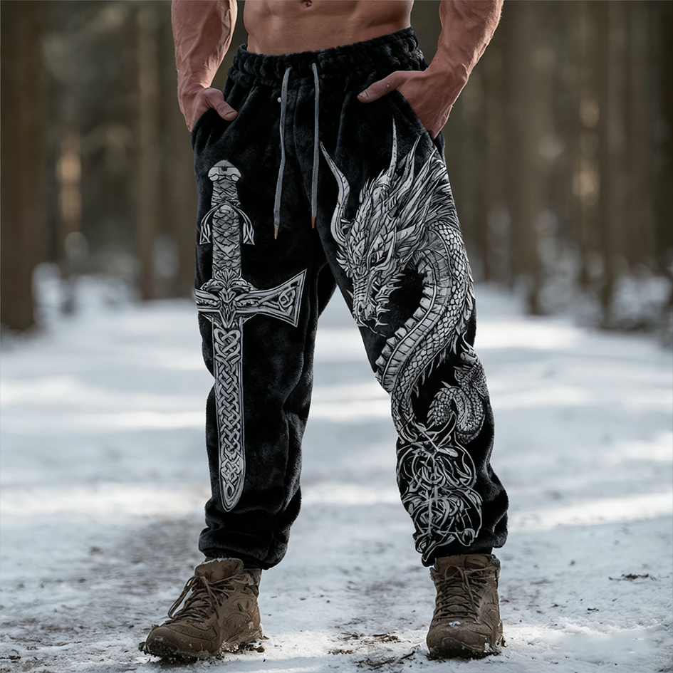 Vintage Viking Dragon Pattern Design Men's Flannel Long Pants elevenforest