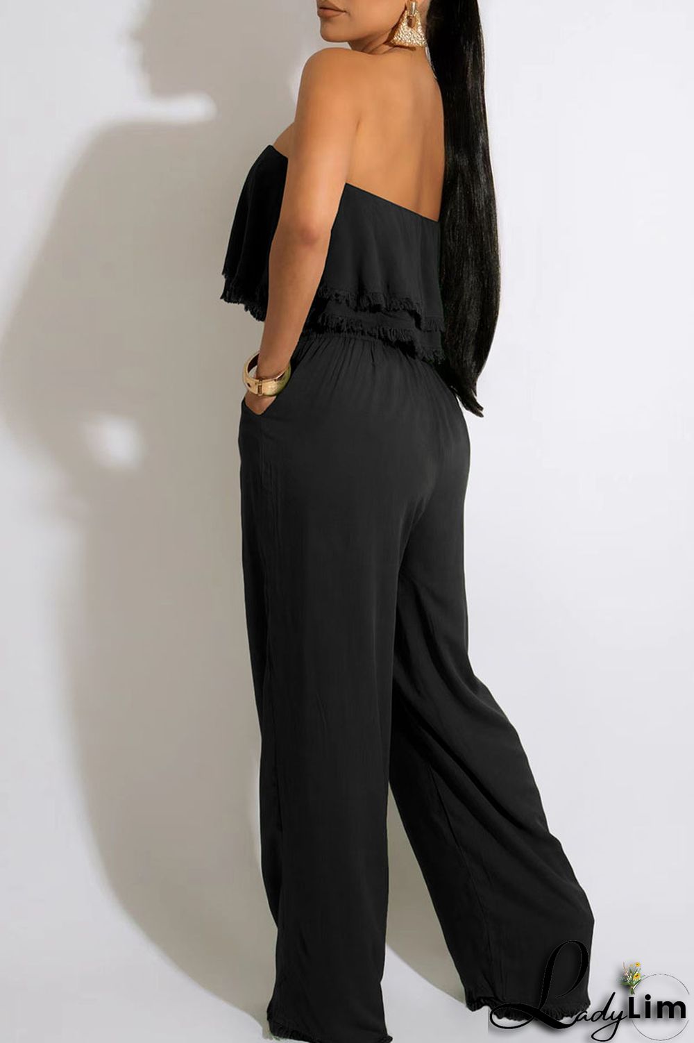 White Casual Solid Patchwork Strapless Straight Jumpsuits