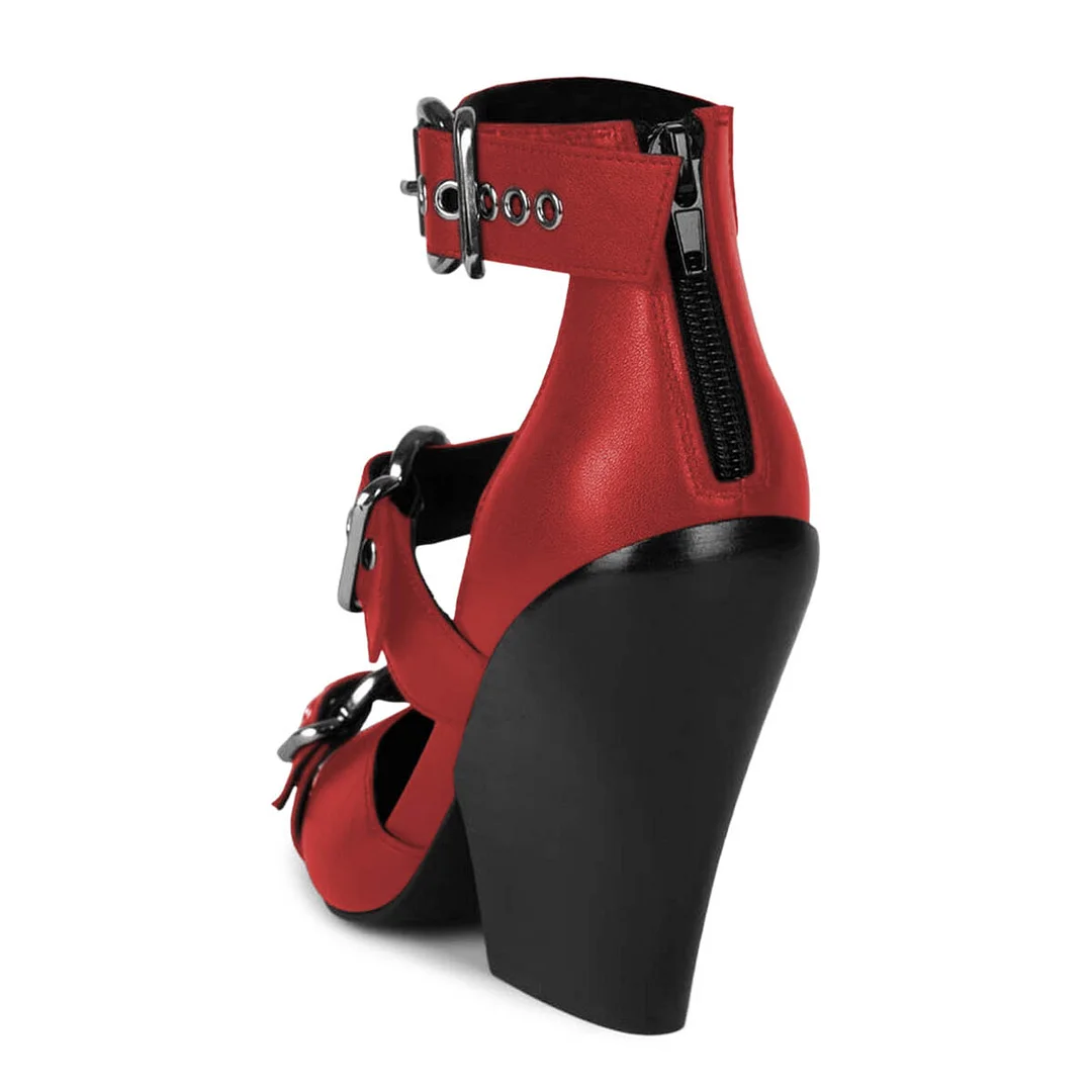 Red Vegan Leather Grommets Strap Square Toe Buckle Pumps Heels