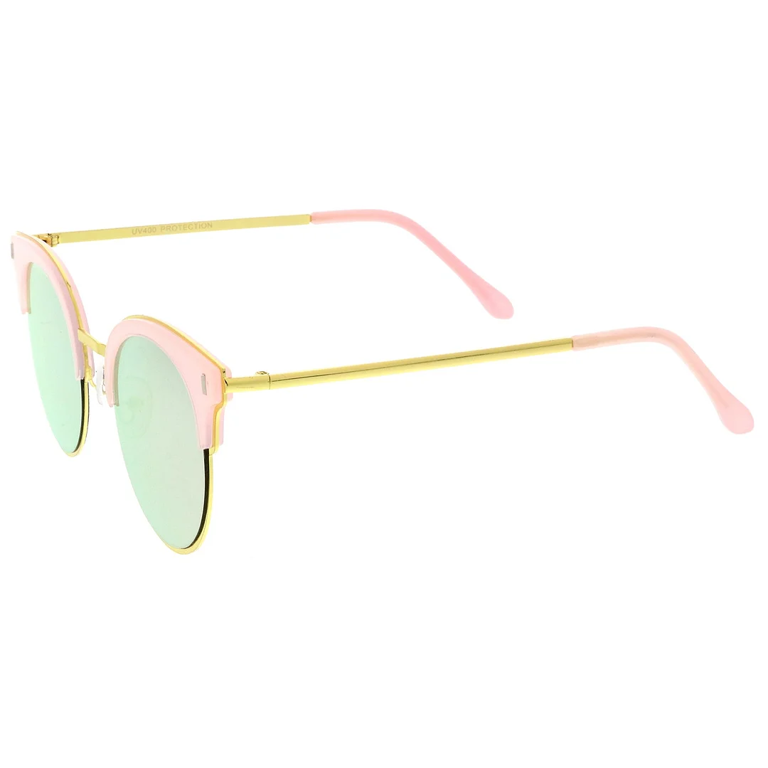 Modern Half Frame Round Colored Mirror Flat Lens Horn Rimmed glasses 49mm