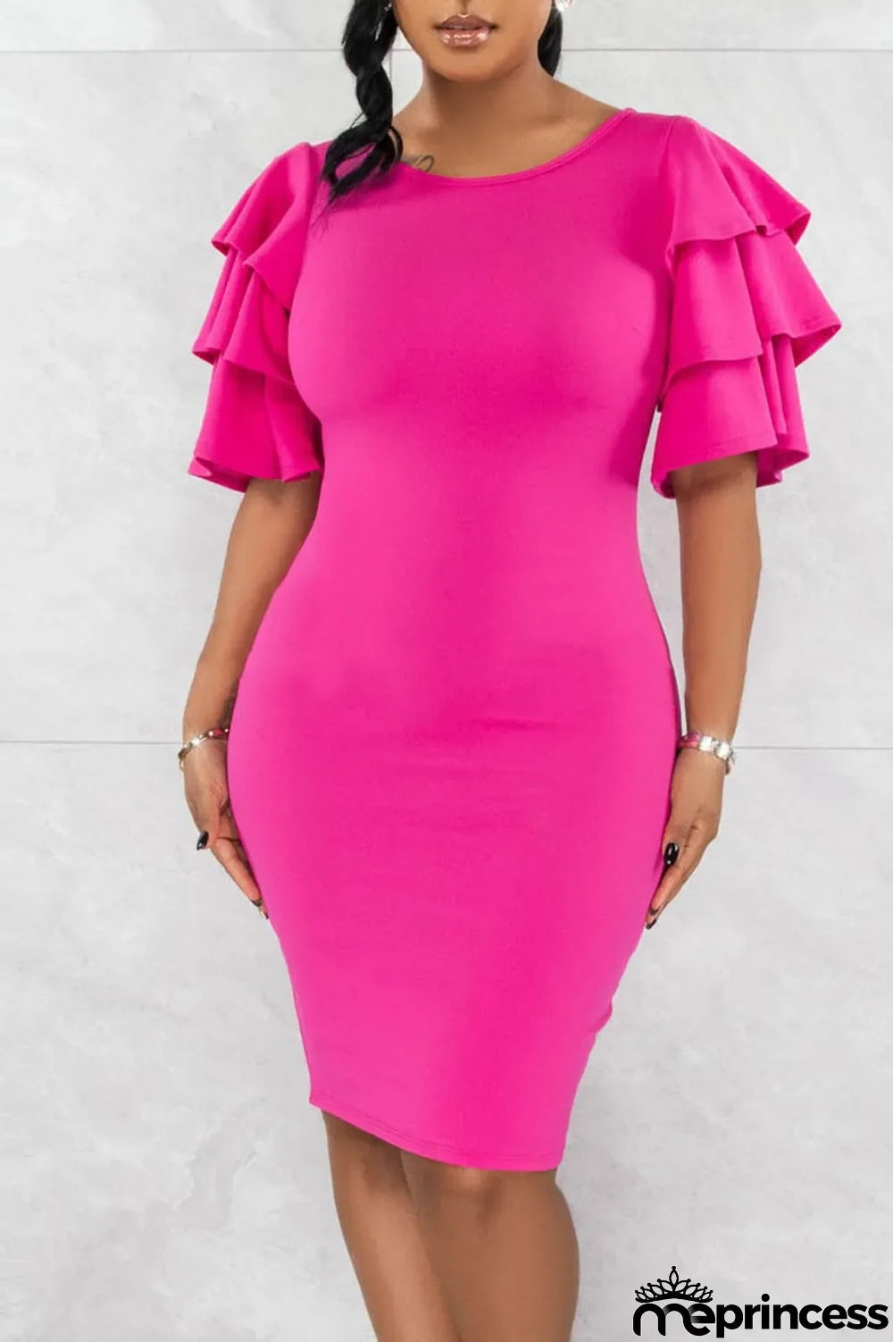 Rose Red Casual Solid Patchwork O Neck One Step Skirt Dresses