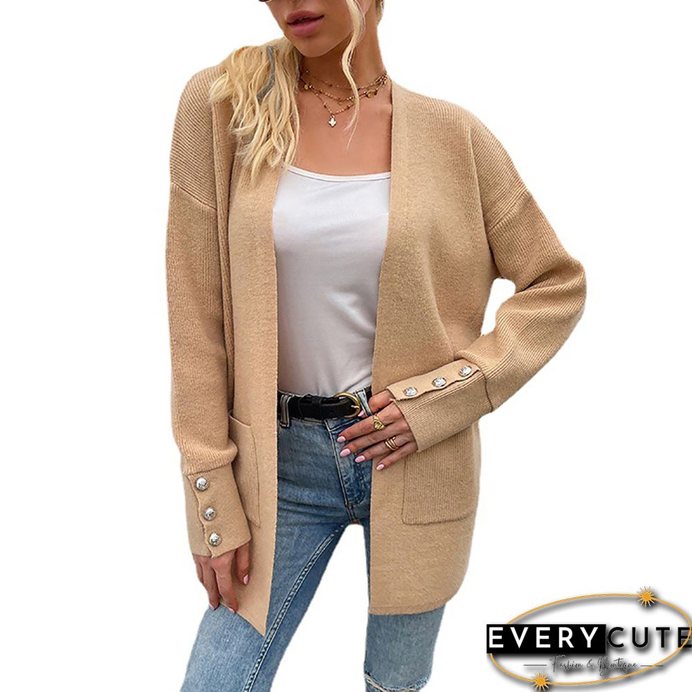 Khaki Button Cuff Knit Pocket Long Cardigan