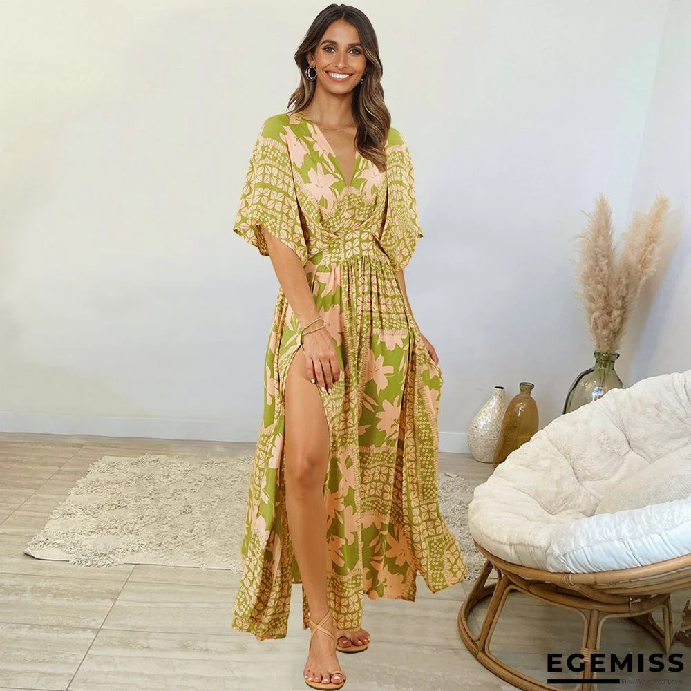 Bat Sleeve V-neck Printed Beach Dress | EGEMISS