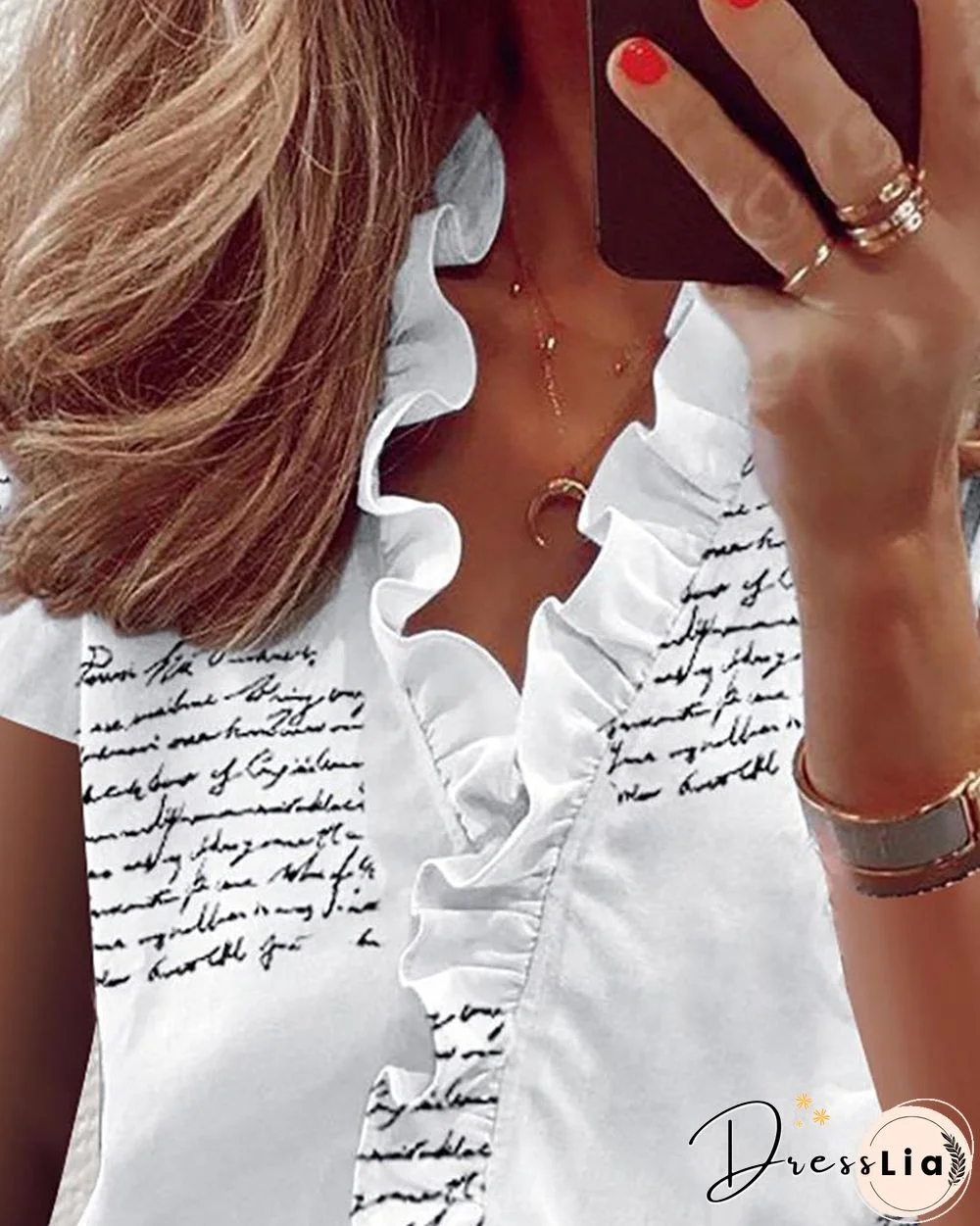 Print Short Sleeve Ruffles Casual Blouse P14177