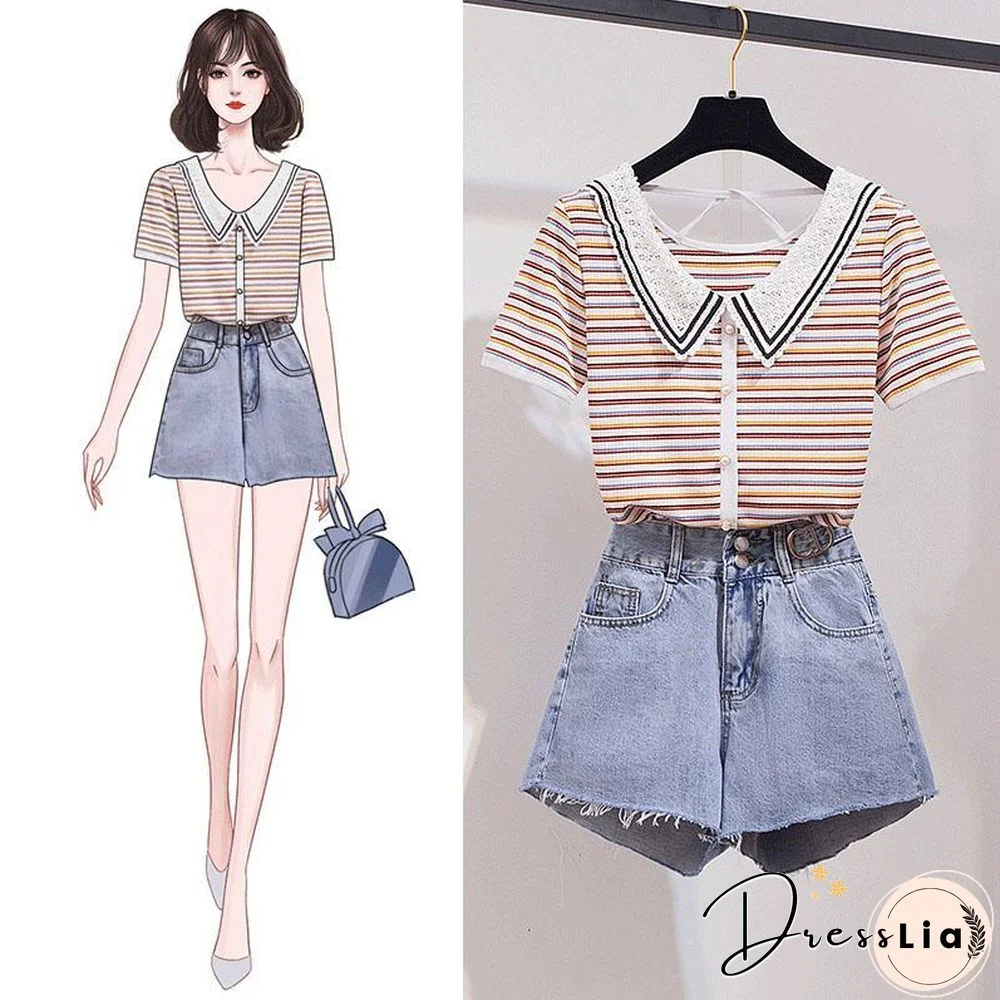 Stripe Lapel Tee+Denim Shorts P15530