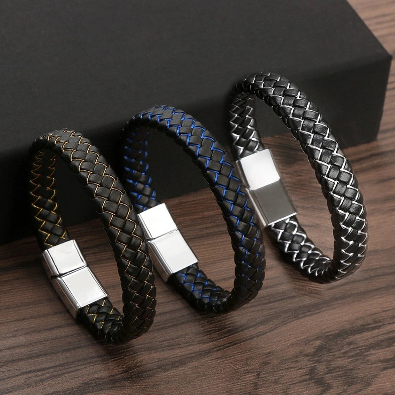 Hot Selling Simple Vintage Leather Bracelet Simple Woven Alloy Magnetic Buckle Bracelet Versatile Fashion Boutique Men's Bracelet