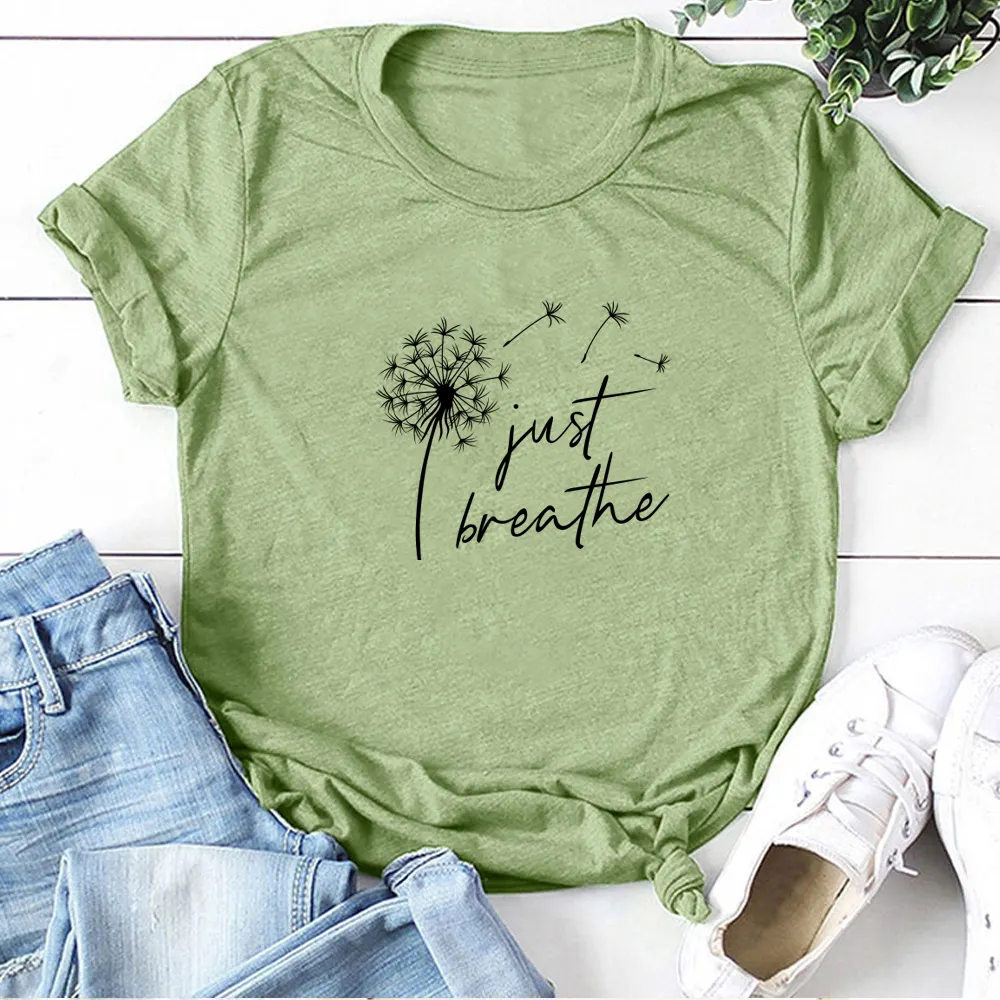 Dandelion Just Breathe Printed T-shirts Women Summer ShirtsFor Sleeve Graphic Tee Harajuku