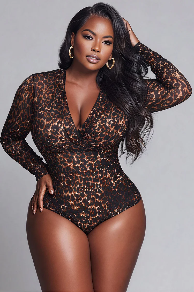Xpluswear Design Plus Size Party Brown Leopard Wrap Neck Long Sleeve Bodysuits