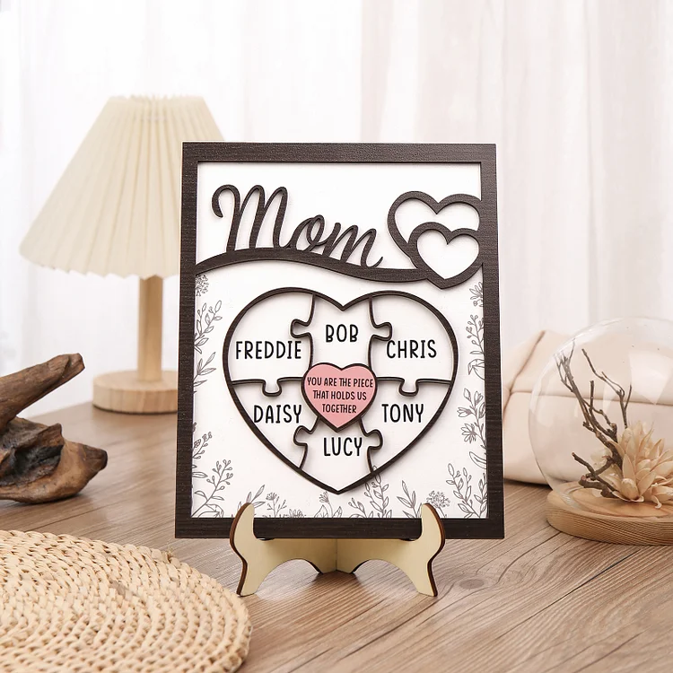 Personalized Heart Puzzle Pieces Wooden Plaque Custom 6 Names Family Ornament With Stand Gift for Mom - You Are The Piece That Holds Us Together