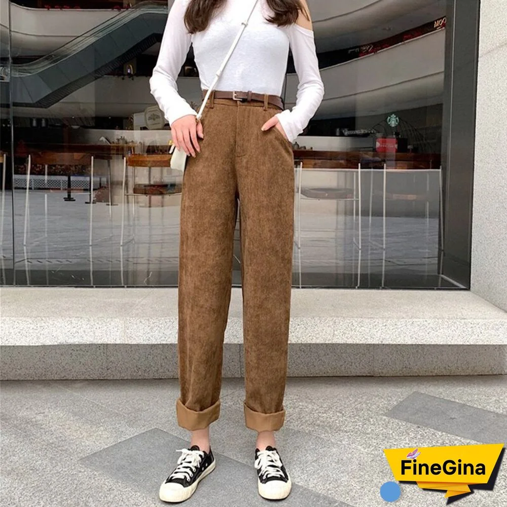 New High Waist Corduroy Wide Leg Pant Women Vintage Full Length Trousers With Belt Woman Loose Casual Bottoms Pants Mujer