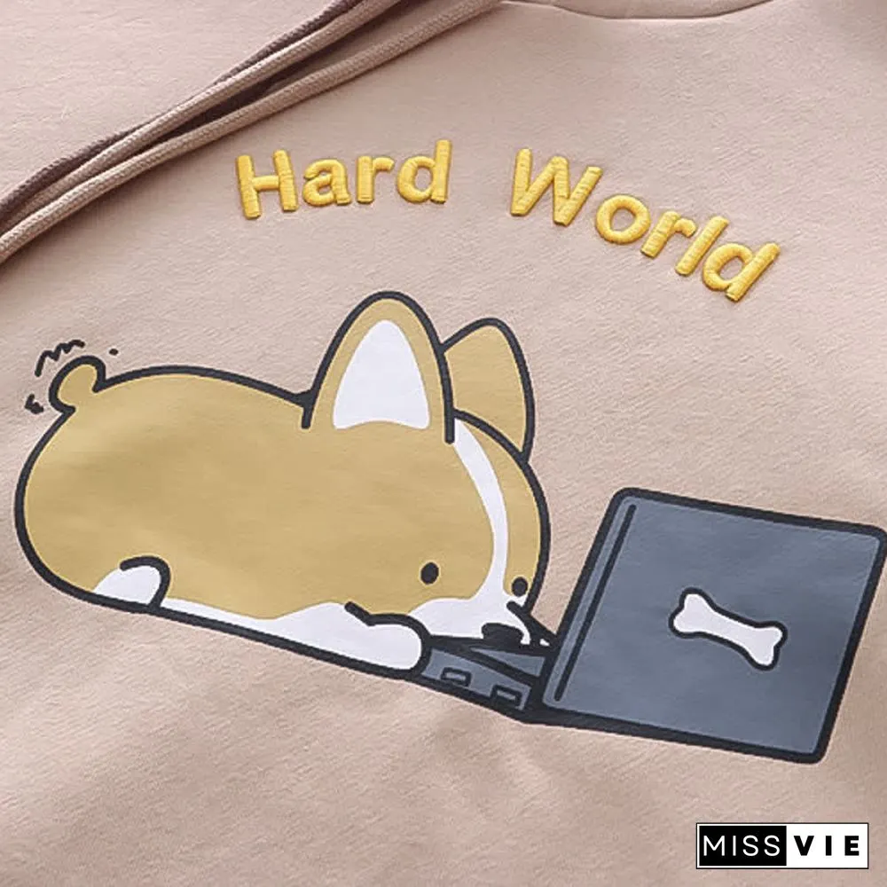 Cartoon Puppy Letter Embroidery Colorblock Plush Hoodie