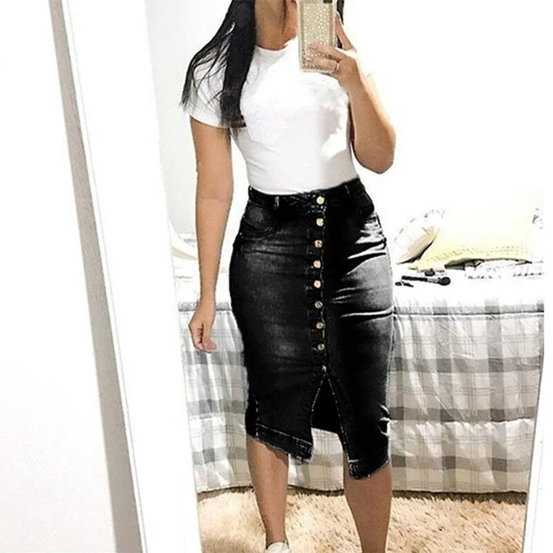 Women Fashion High Waist  Denim Distressed Jeans Bodycon Long Skirt Buttons Pockets Split Bandage Jeans Skirt
