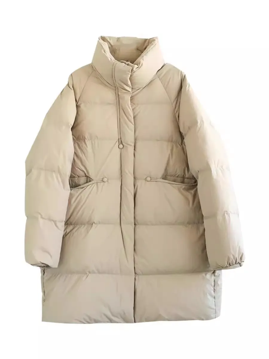 Uveng Pinghu Down Jacket Female 2024 Winter New Thickened Stand Collar Long Button Warm White Duck Down Coat Tide