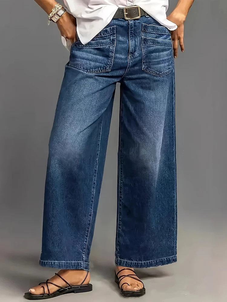 High-Stretch Trousers Straight Leg Jeans, Mid-Rise Wide Leg Design, Vintage Washed Relaxed Fit Pant