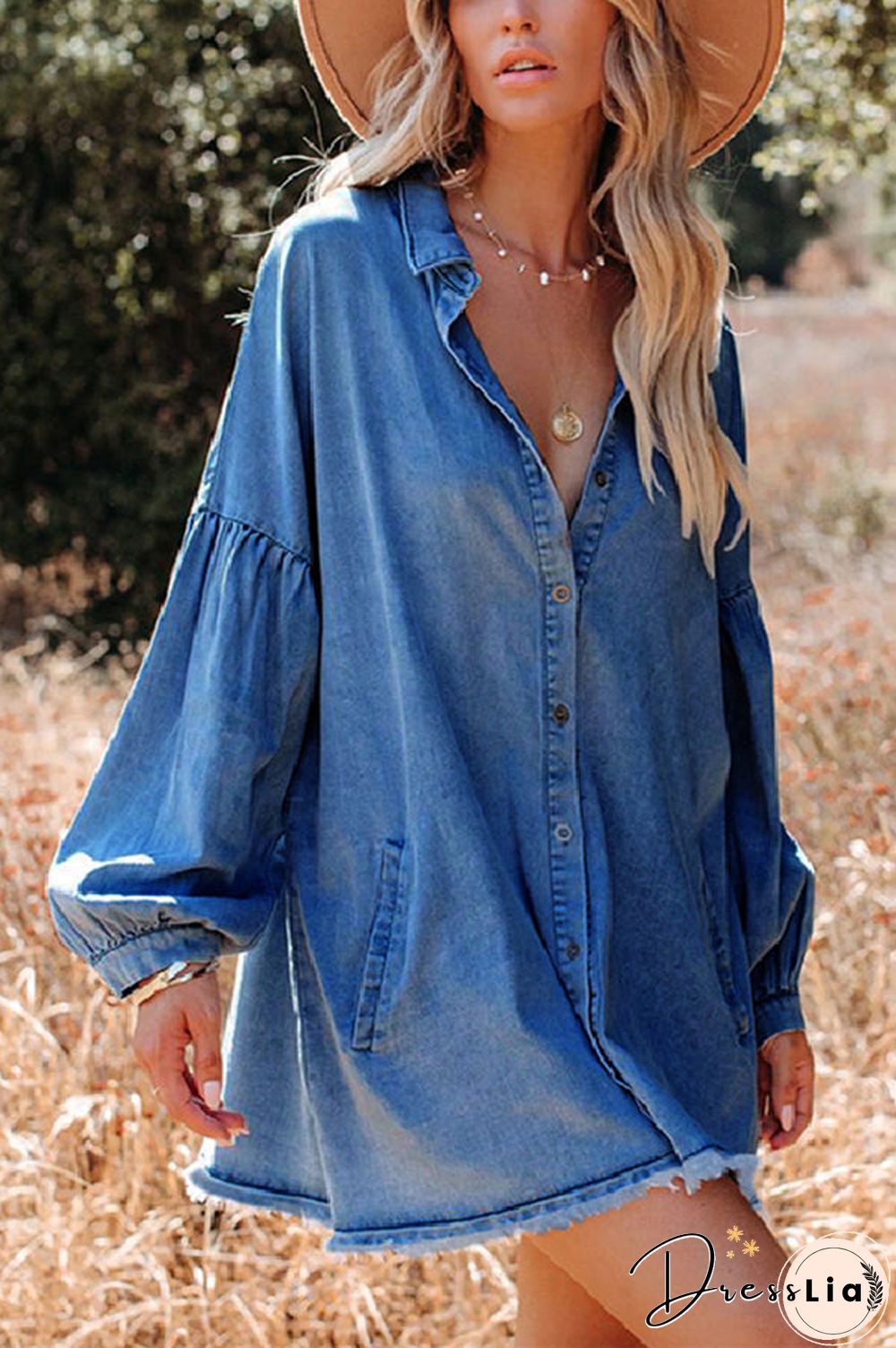 Frayed Hemline Button Long Sleeve Denim Dress