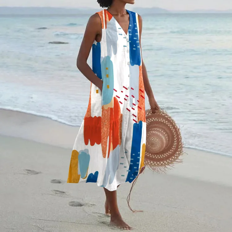 V-neck Irregular Printed Beach Dress VangoghDress