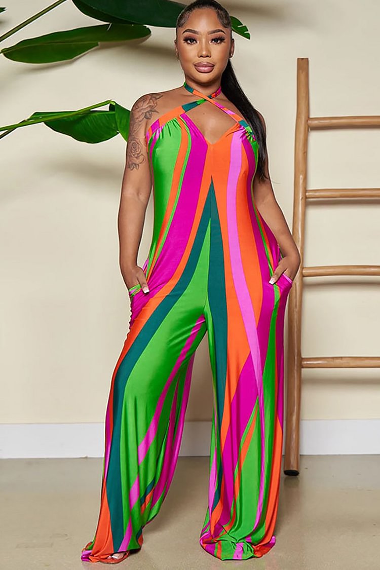 Halter V Neck Striped Print Pleated Wide Leg Vacation Jumpsuit