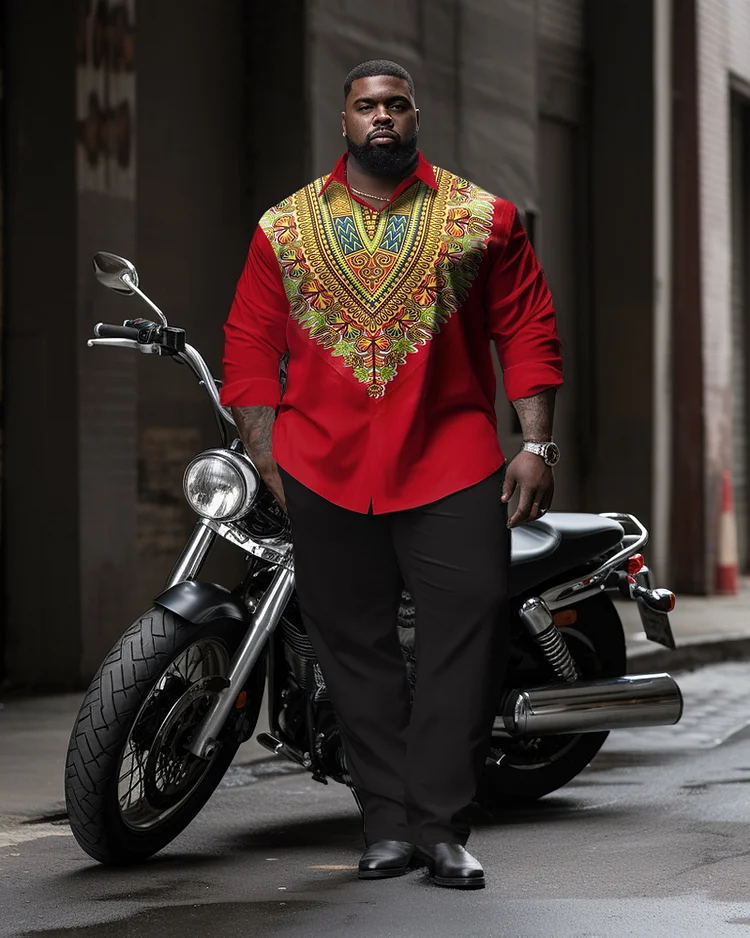 Plus Size Ethnic Men's Noble Royal Long Sleeve Lapel Collar Shirt Two-Piece Set