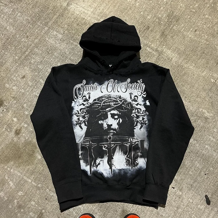 Retro Portrait Print Street Y2k Hooded Sweatshirt at Hiphopee