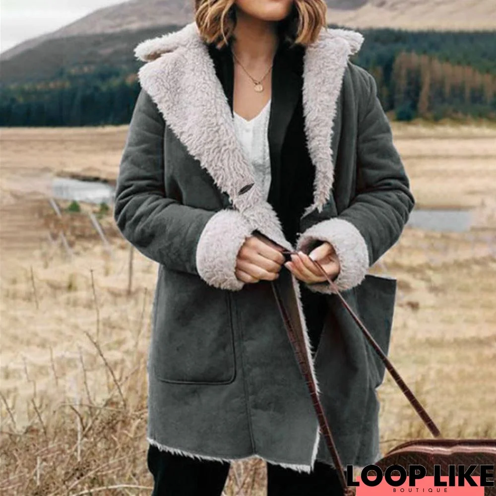Lapel Solid Furry Long Sleeves Outerwear