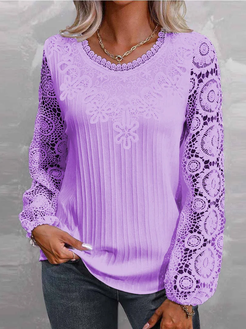 Women plus size clothing Women Long Sleeve Scoop Neck Solid Lace Tops-Nordswear
