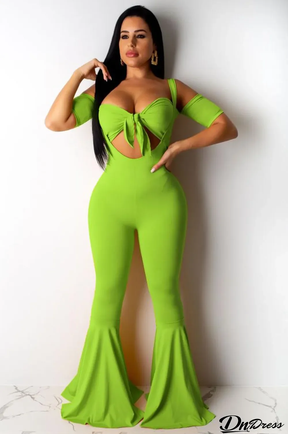 Fluorescent green Polyester Sexy Fashion Solid crop top Bandage Slim fit asymmetrical HOLLOWED OUT Straight Two-piece