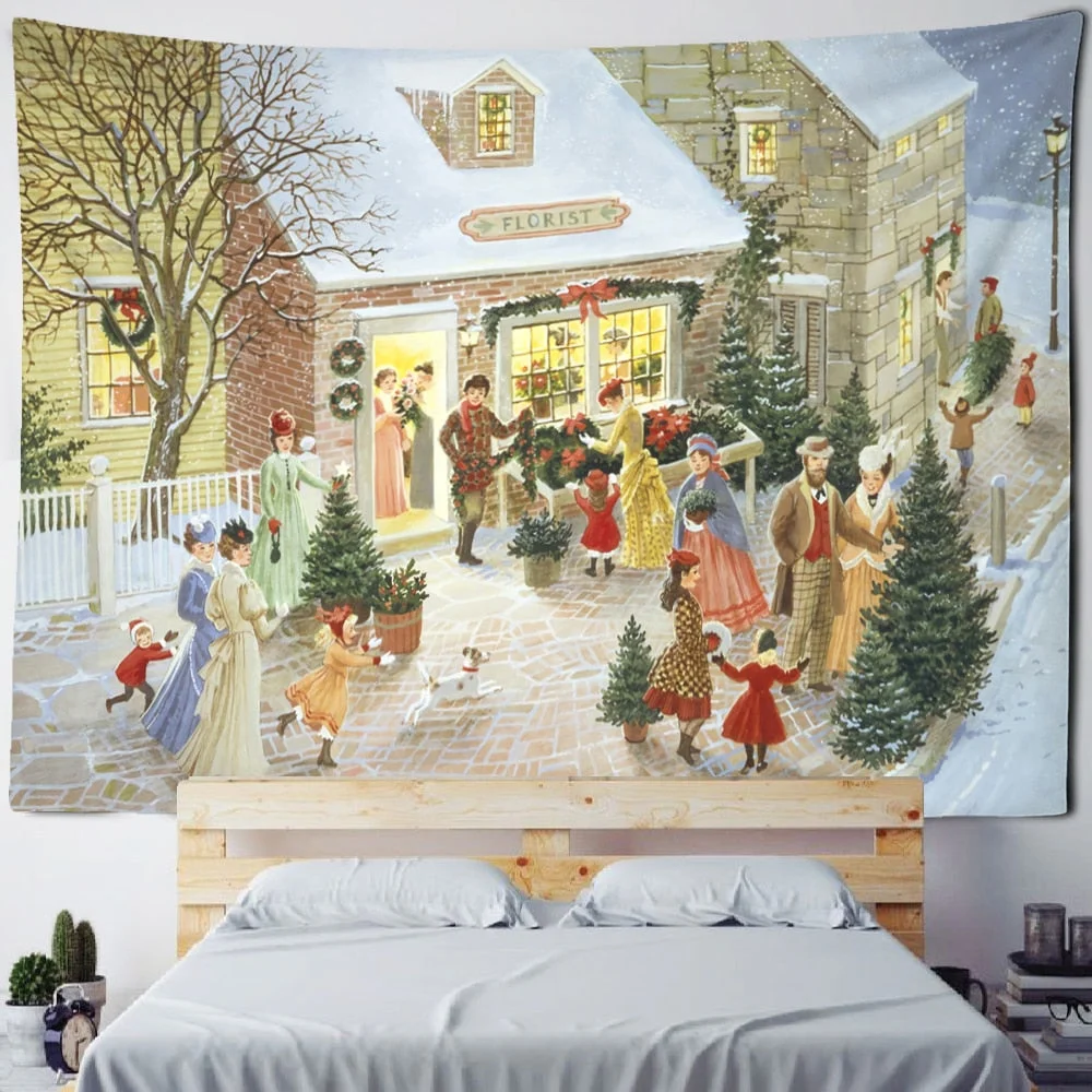 Christmas And New Year Dance Party Tapestry Wall Hanging Holiday Gift Snowman Oil Painting Art Room Home Decor