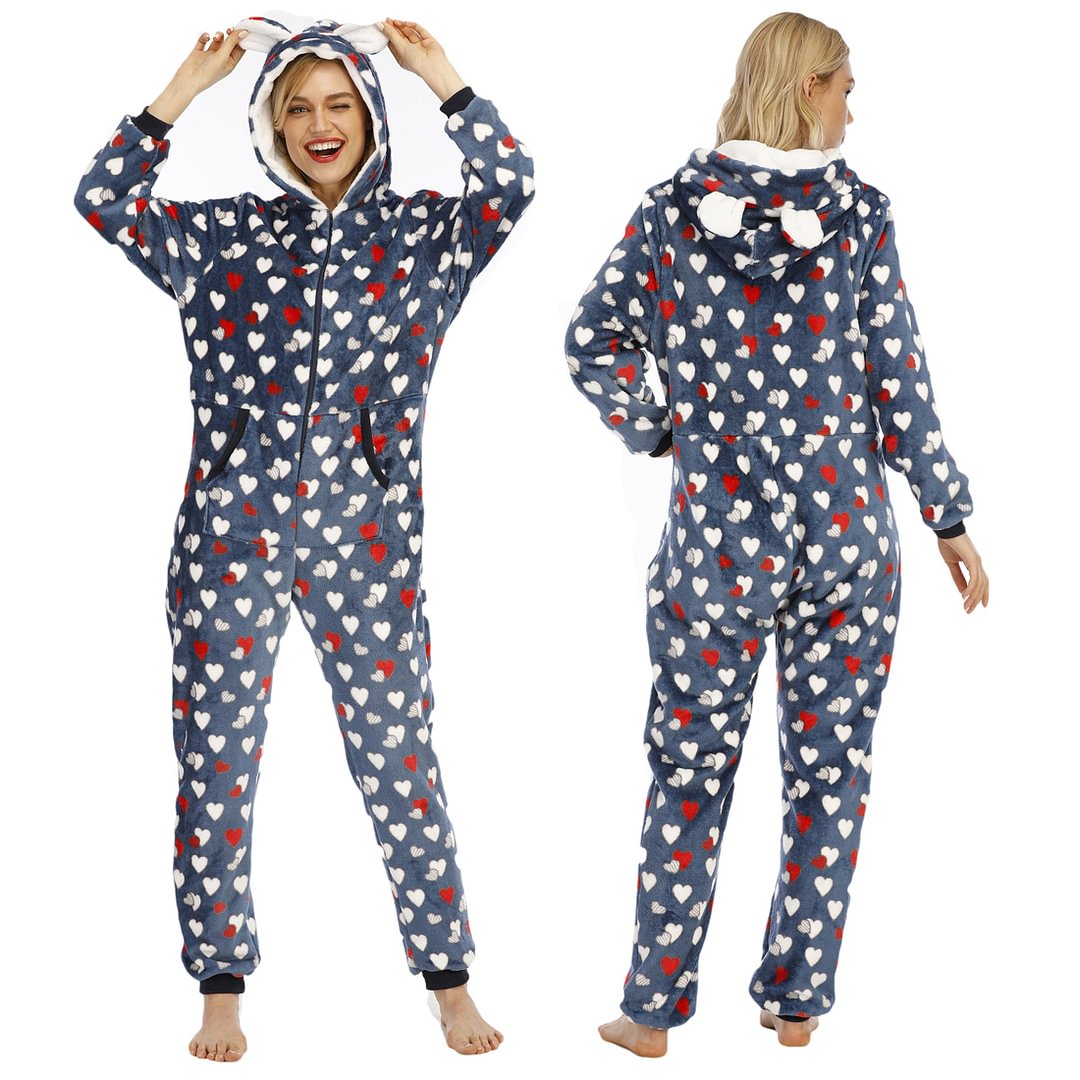 Women's Jumpsuits Christmas Pajamas Coral Fleece Heart Blue Onesies Hooded for Adult-Pajamasbuy